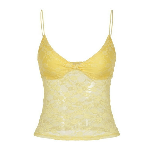 Womens Y2k Lace Tank Tops Going Out Crop Tops Spaghetti Strap Mesh See Through Camisole Summer Casual Tops Yellow M