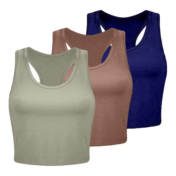 Conjunto de 3 camisetas sin mangas para mujer: camisetas de entrenamiento sin costuras con ribetes, camisetas cortas sin mangas, ropa informal/de playa/de deporte