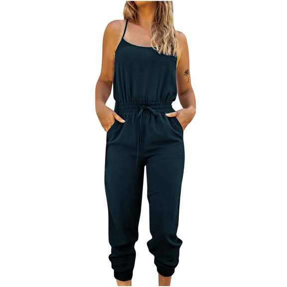 womens summer rompers casual cold shoulder jumpsuit loose joggers elastic waist capris with pockets