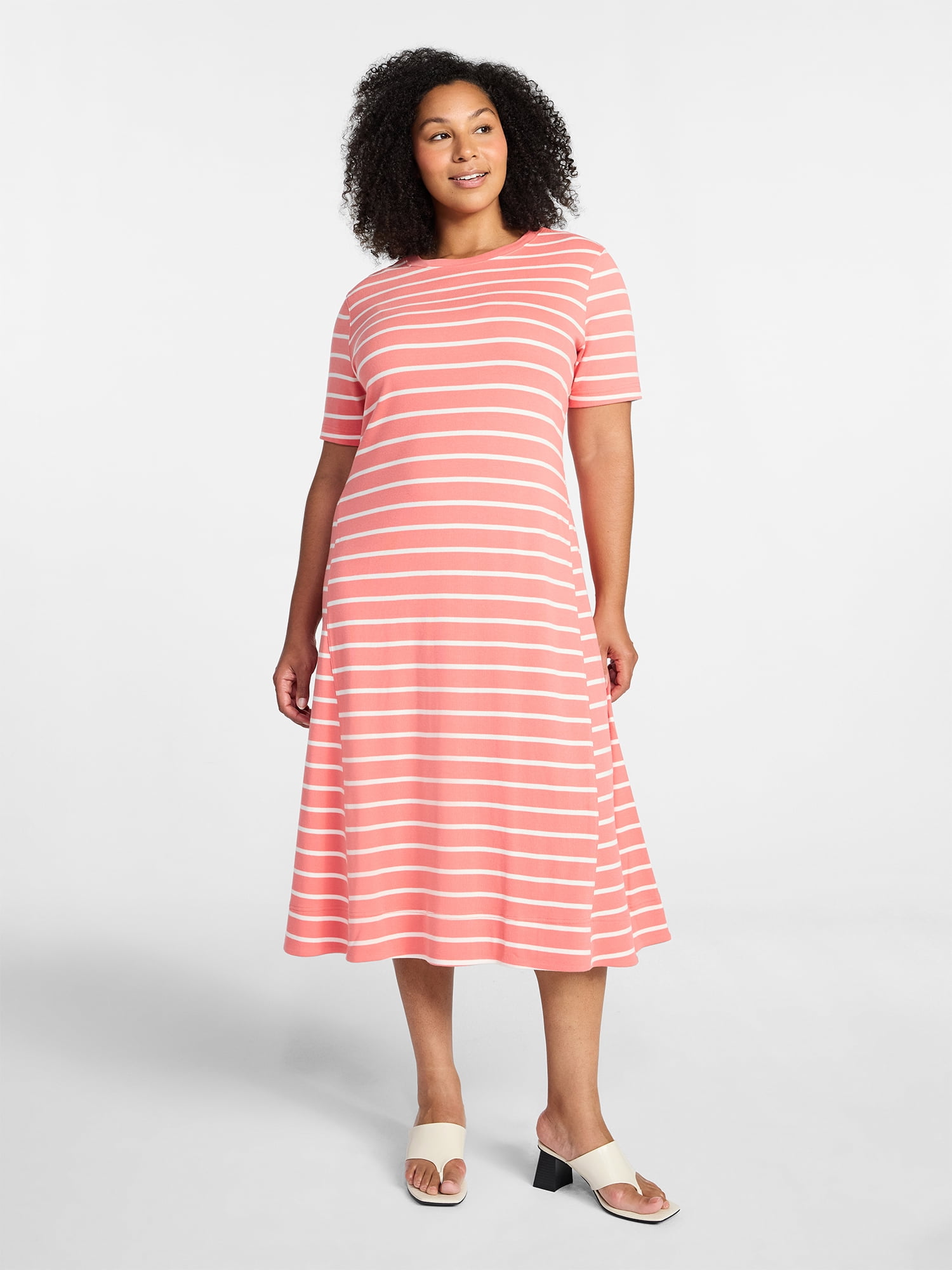 Time and Tru Women's Seamed Cotton Midi Dress, Sizes XS-XXXL