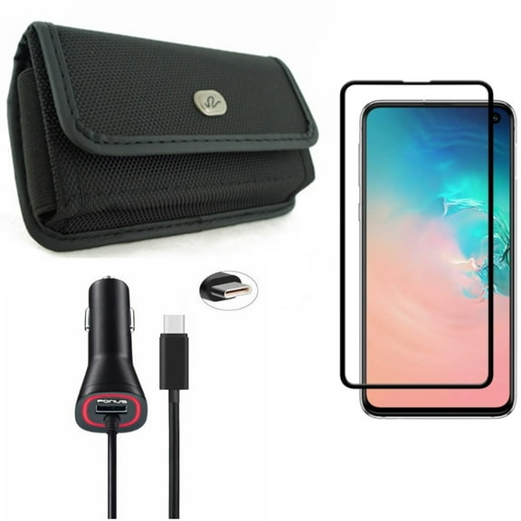 Galaxy S10e Car Charger w Case Belt Clip w Screen Protector - 3.4A Type-C Power, Rugged Holster Canvas, Tempered Glass 5D Curved Edge for Samsung Galaxy S10e Phone