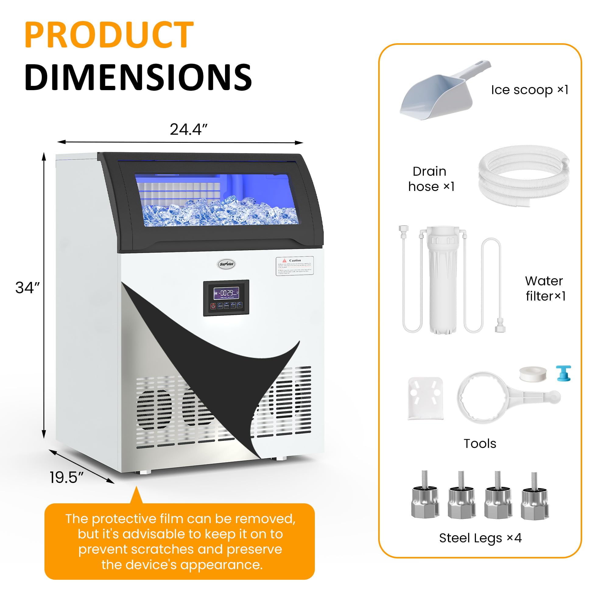 Sunvivi Commercial Ice Maker Machine, 265LBS/24H, 55LBS Storage Bin, Stainless Steel Under Counter Ice Machine for Restaurants, Bars, and Home Use, Includes Water Filter, Scoop, and Hose