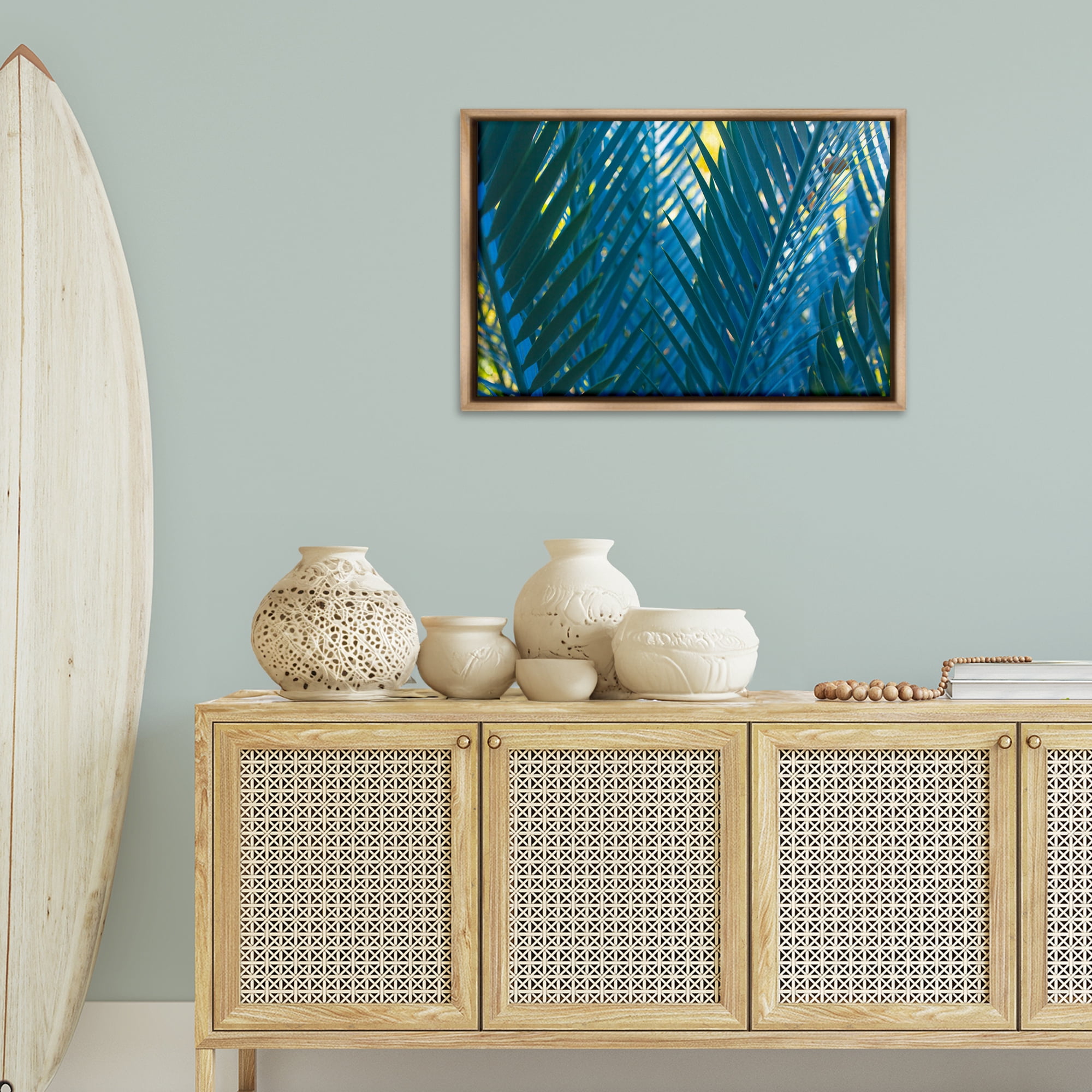Stupell Industries Blue Palm Fronds Plants & Flowers Photography Brown Floater Framed Canvas Art Print Wall Art, 31 x 21