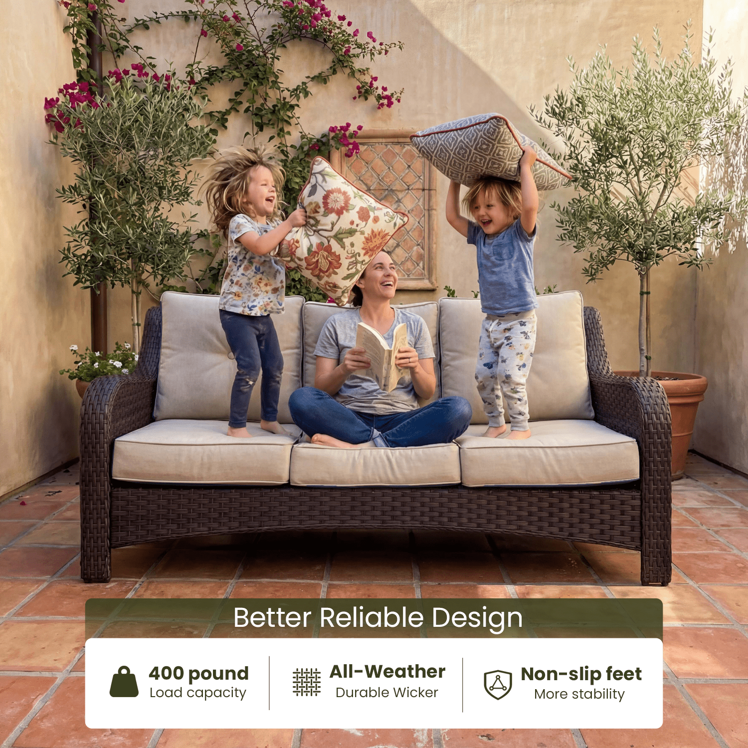 LayinSun 3 Piece Wicker Outdoor Furniture Set with 6-inch Comfy Cushions, High Back Patio Furniture Set with Rattan Armchairs and Side Table