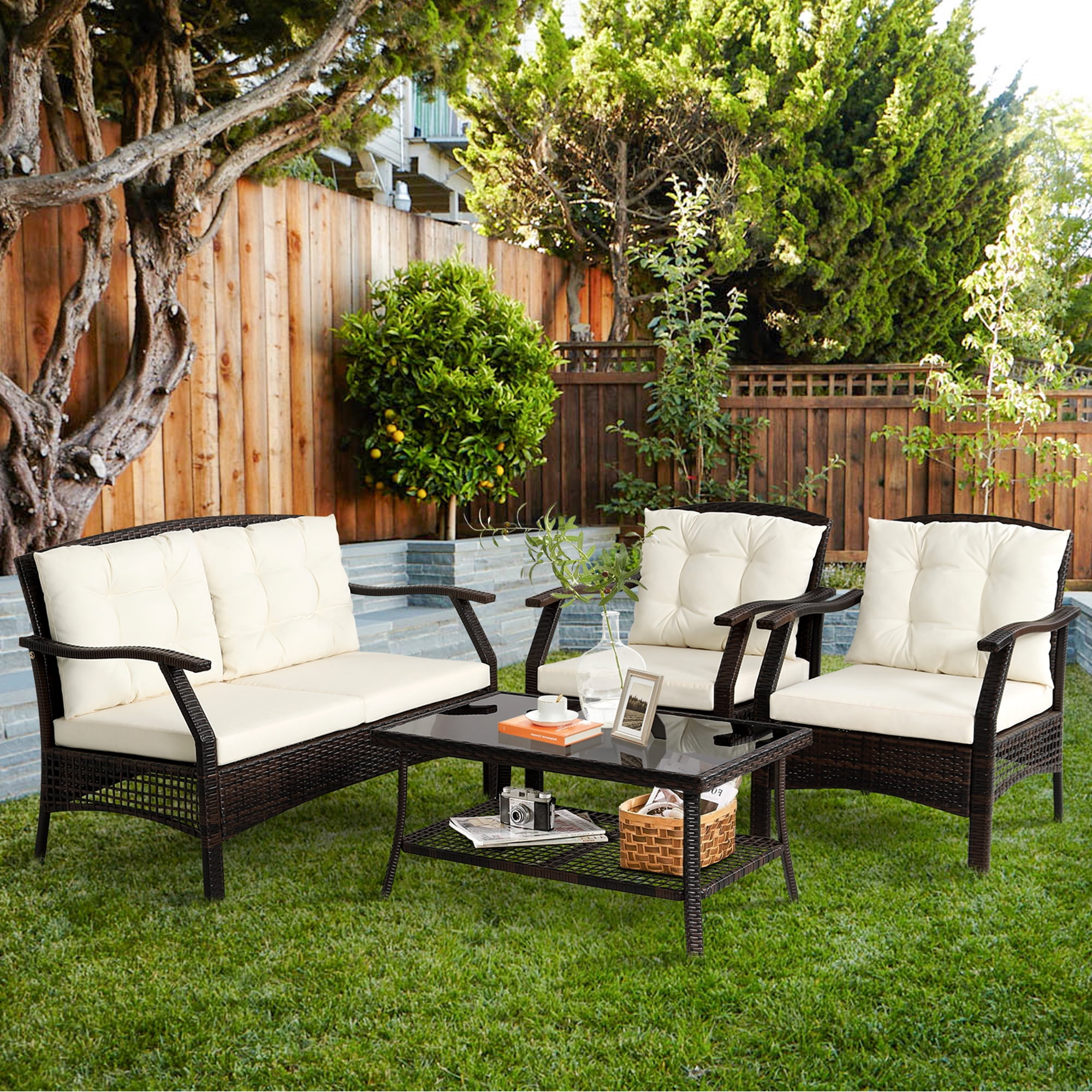 Gymax 8PCS Rattan Patio Conversation Furniture Set Wicker Sofa Set w/ Waterproof Cover