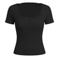 thumbnail image 3 of Women's Short Sleeve Lace Tops 2026 Summer Ribbed Scoop Neck Button T Shirts Going Out Slim Fashion Clothes Summer Tops(Black,M), 3 of 4
