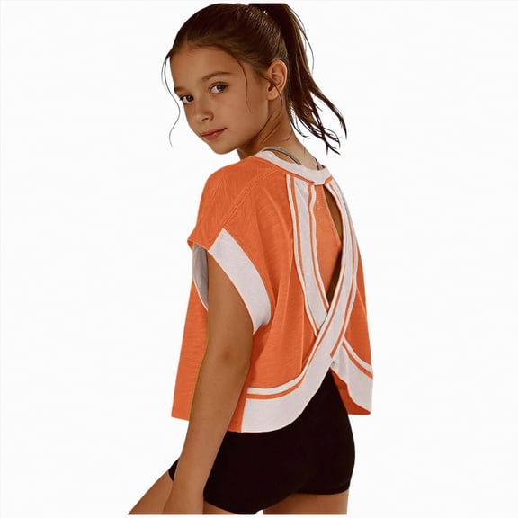 Zanarzt Girls Summer Short Sleeve T-Shirt Girls Athletic Oversized Crop Tops Kids Drop Shoulder Short Sleeve T Shirts Workout Tees 9-10 Years,Orange