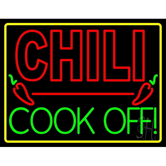 Chili Cook Off With Border LED Neon Sign 24 x 31 - inches, Black Square Cut Acrylic Backing, with Dimmer - Bright and Premium built indoor LED Neon Sign for restaurant window and interior decor.