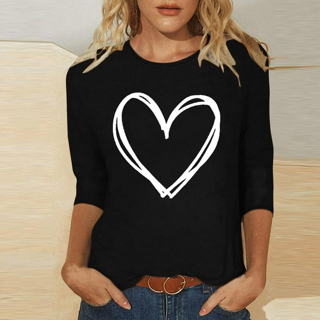 Ailaofu T-Shirts de la Saint-Valentin à Manches 3/4 Col Rond pour Femmes avec Imprimé Cœur Graphique