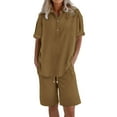 thumbnail image 2 of Pyhlmscde Womens Daily Casual Solid Short Sleeve V Neck Shirt Tops Pockets Elastic Waist Pants Shirt Trousers Set, Lounge Sets for Women, Two Piece Sets for Women Summer Coffee 5XL, 2 of 9