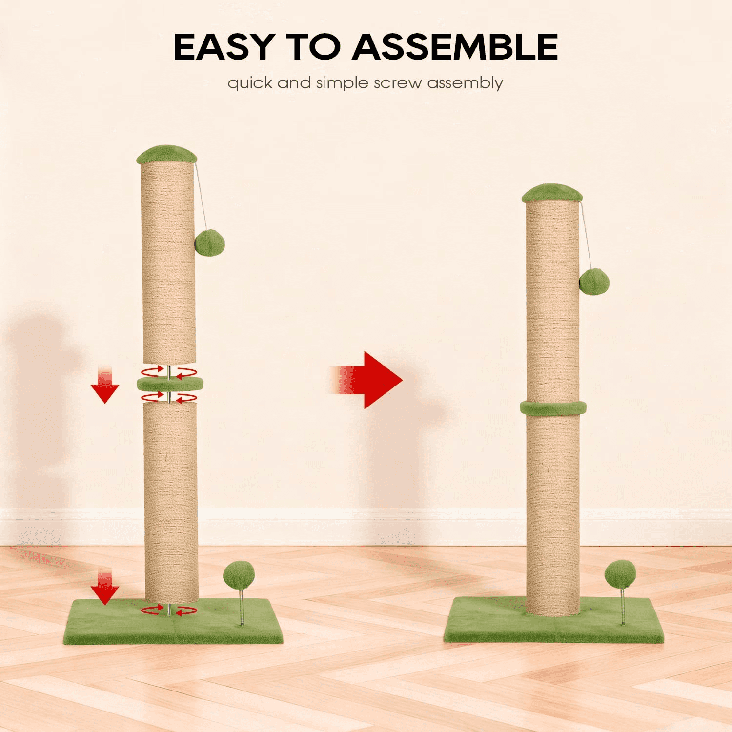 BORGEBY 33 Inch Cat Scratching Post, Natural Sisal Rope Cat Scratcher with Hanging Ball Toy for Indoor Cats and Adults ,Green
