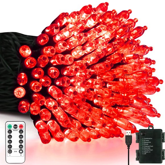 Luces de Cadena Tcamp 10m 100 LED Rojas con Batería y Control Remoto