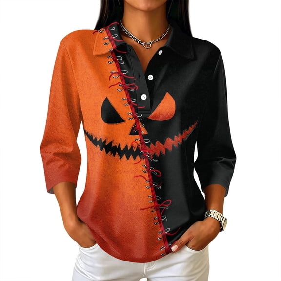 Garbnen Halloween Women's Polo Shirts Funny Pumpkin Ghost Spider Web Golf Shirts for Women Fall Winter 3/4 Length Sleeve Pullover Tops for Women Orange M