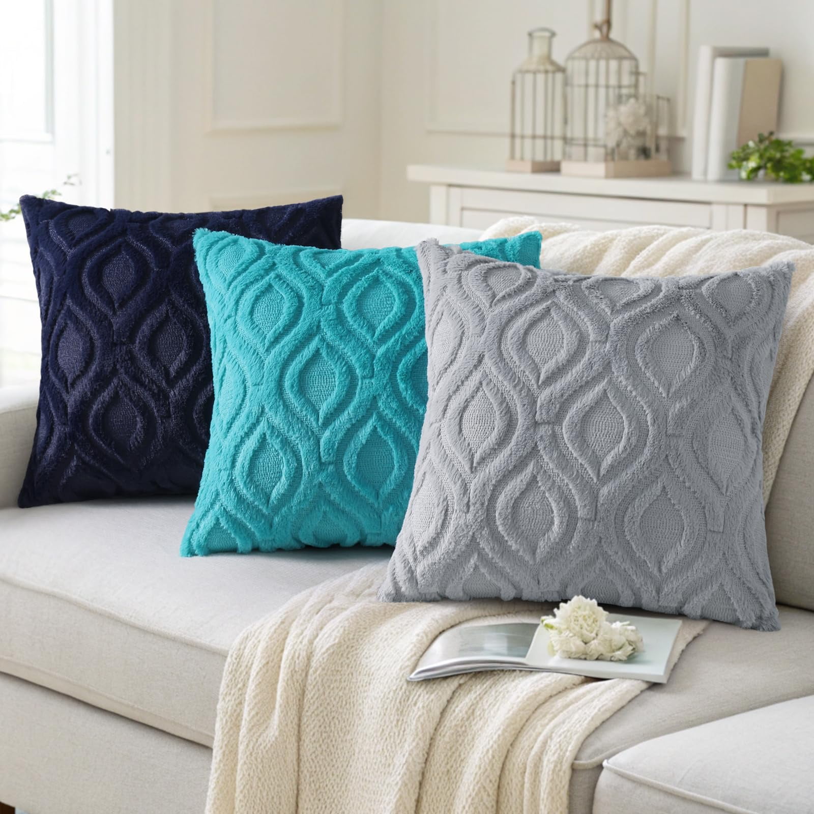 decorUhome Pack of 2 Throw Pillow Covers 12x20, Soft Plush Faux Wool Couch Pillow Covers, Blue Grey (Pillow Cover Only, No Inserts Included)