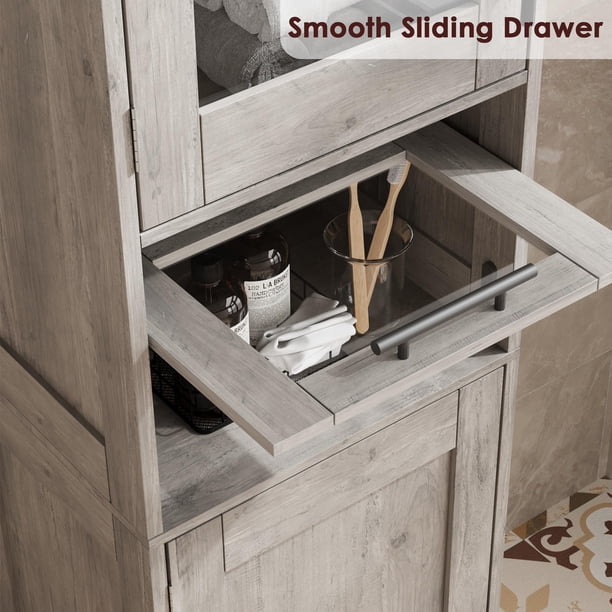 Mueble de Almacenamiento para Baño de 170 cm - Gabinete Alto con Puertas de Cristal, Cajón Inferior y Repisas Regulables - Diseño Compacto para Baño, Cocina o Recibidor - Gris