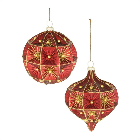 Melrose Beaded Onion and Ball Glass Christmas Ornaments - 4.75" - Red and Gold - 6ct
