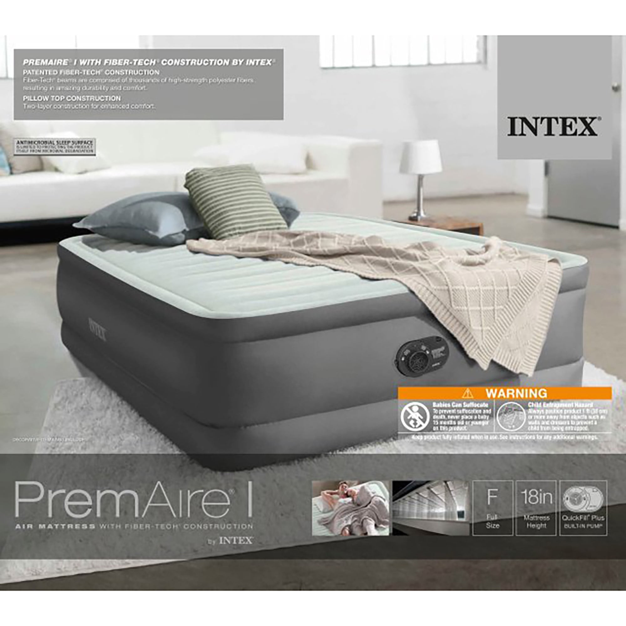 Intex: PremAire I Elevated Airbed - Full - Gray, 18" Inflatable Air Mattress, Built-In Electric Pump, Fiber-Tech, Carry Bag, 600lb Cap, 64903ED