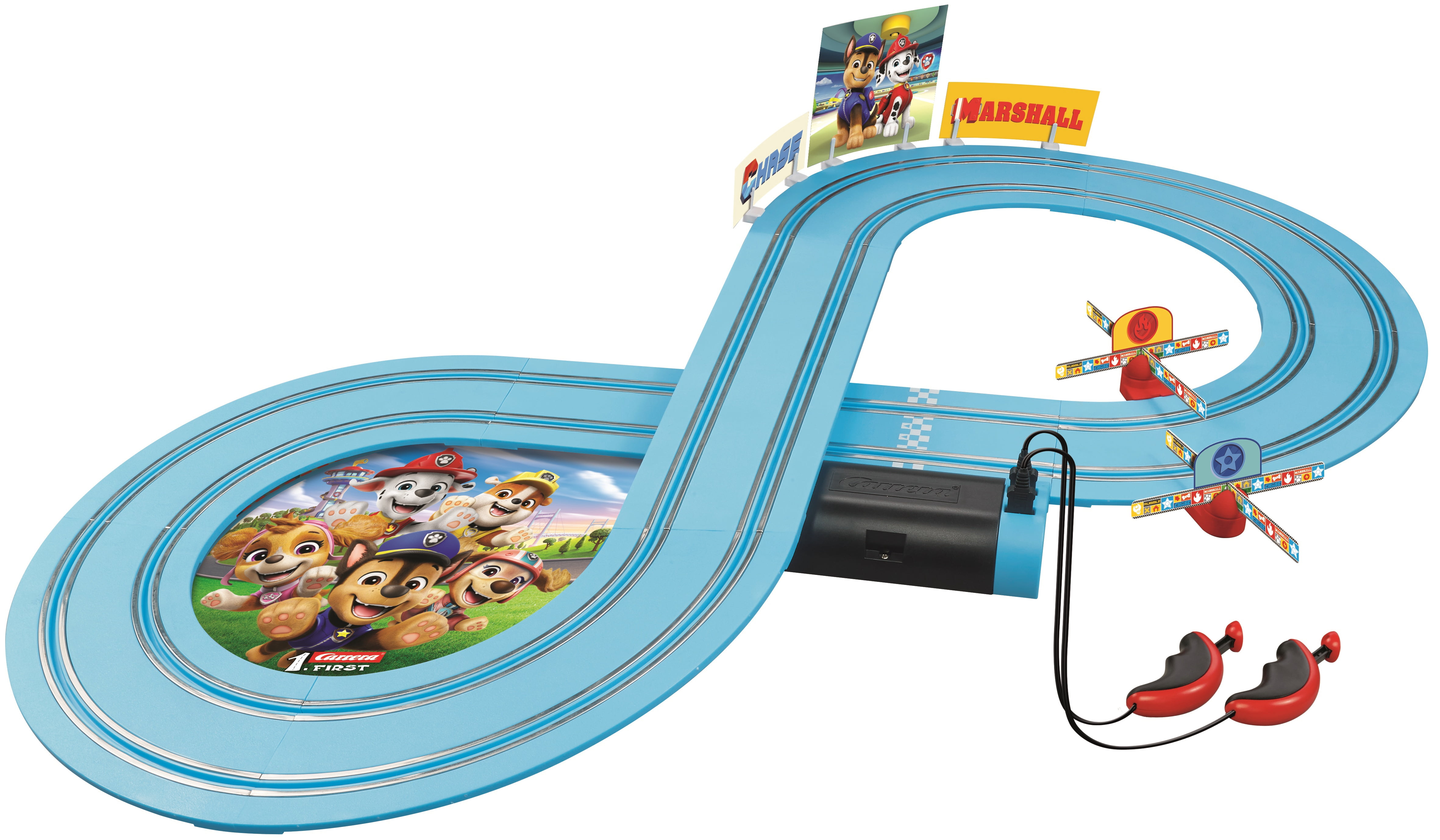 Carrera FIRST PAW Patrol On The Track Beginner Battery Operated Slot Car Toy Race Track Set featuring Chase versus Marshall