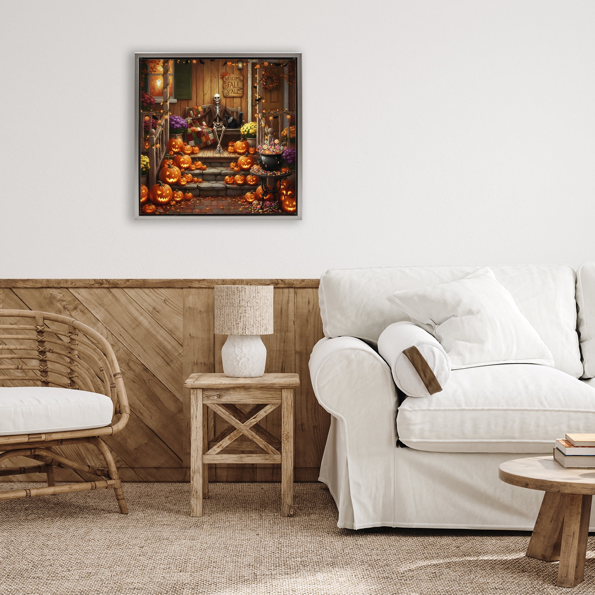 Stupell Industries Welcome To Fall Skeleton Porch Gray Framed Floater Canvas Wall Art, design by Tabz Jones