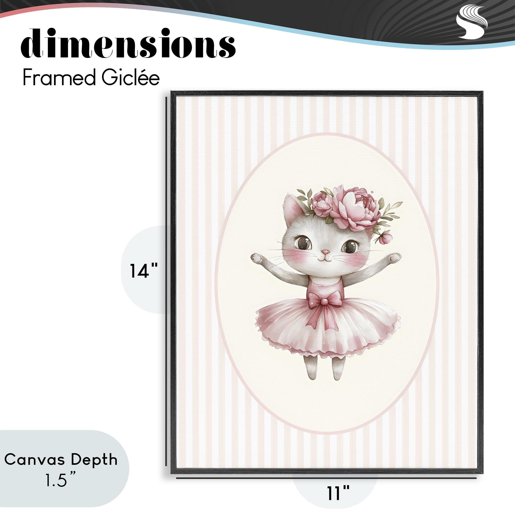 Stupell Industries Nursery Ballerina Cat Striped Black Framed Giclee Art, design by LSR Design Studio
