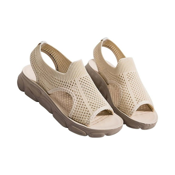 Anuirheih Woman Sandals Thick Bottom Fish Mouth Washable Sport Sandals Mesh-Knit Open-Toe Soft-Sole Sandals Sandals Women (Beige)