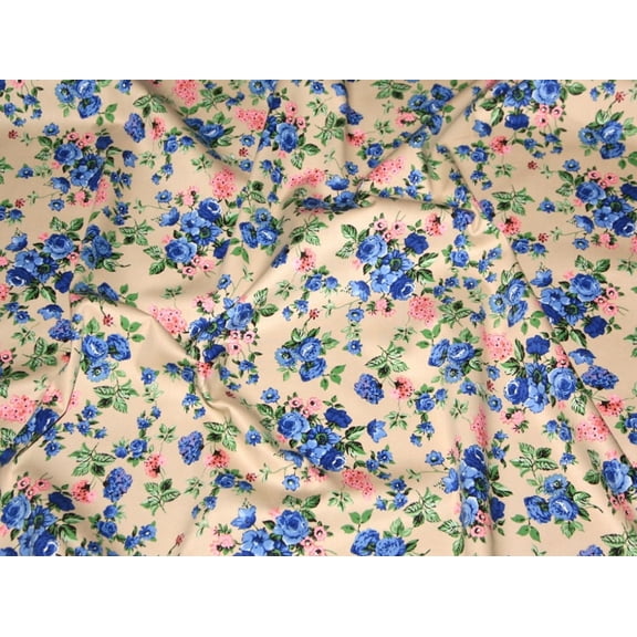 Minerva Hendon Stretch Woven Cotton Twill Fabric Cream & Blue - per yard