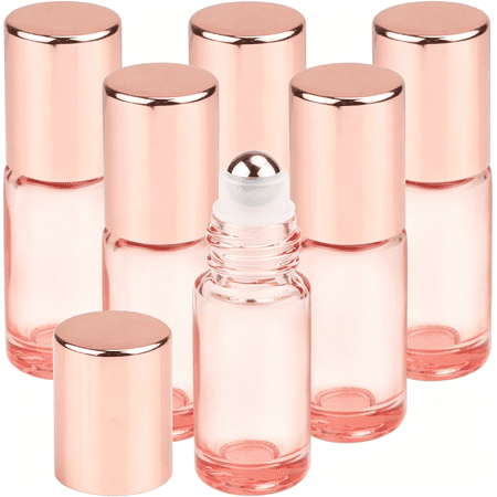 ACDANC 1/6 Oz Pink Glass Roller Bottles,6 Pack 5Ml Roll on Bottles with Rose Gold Lids for Essential Oils,Perfume,Cosmetic Liquid