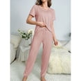 thumbnail image 2 of Defitshape Women's Summer Shorts Sleeve Pajama Pants Cinch Bottom Pant 2 Piece Lounge Cool Loungewear Crew Neck Home Elasthane Drawstring Nightwear Pink 0-2, 2 of 5
