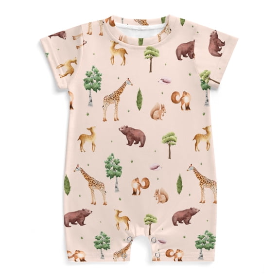 Baby Woodland Animals Bodysuit Baby Boy Girl Bear Giraffe Deer Fox Bunny Hedgehog Trees Button Romper One Piece Jumpsuit Outfits Clothes