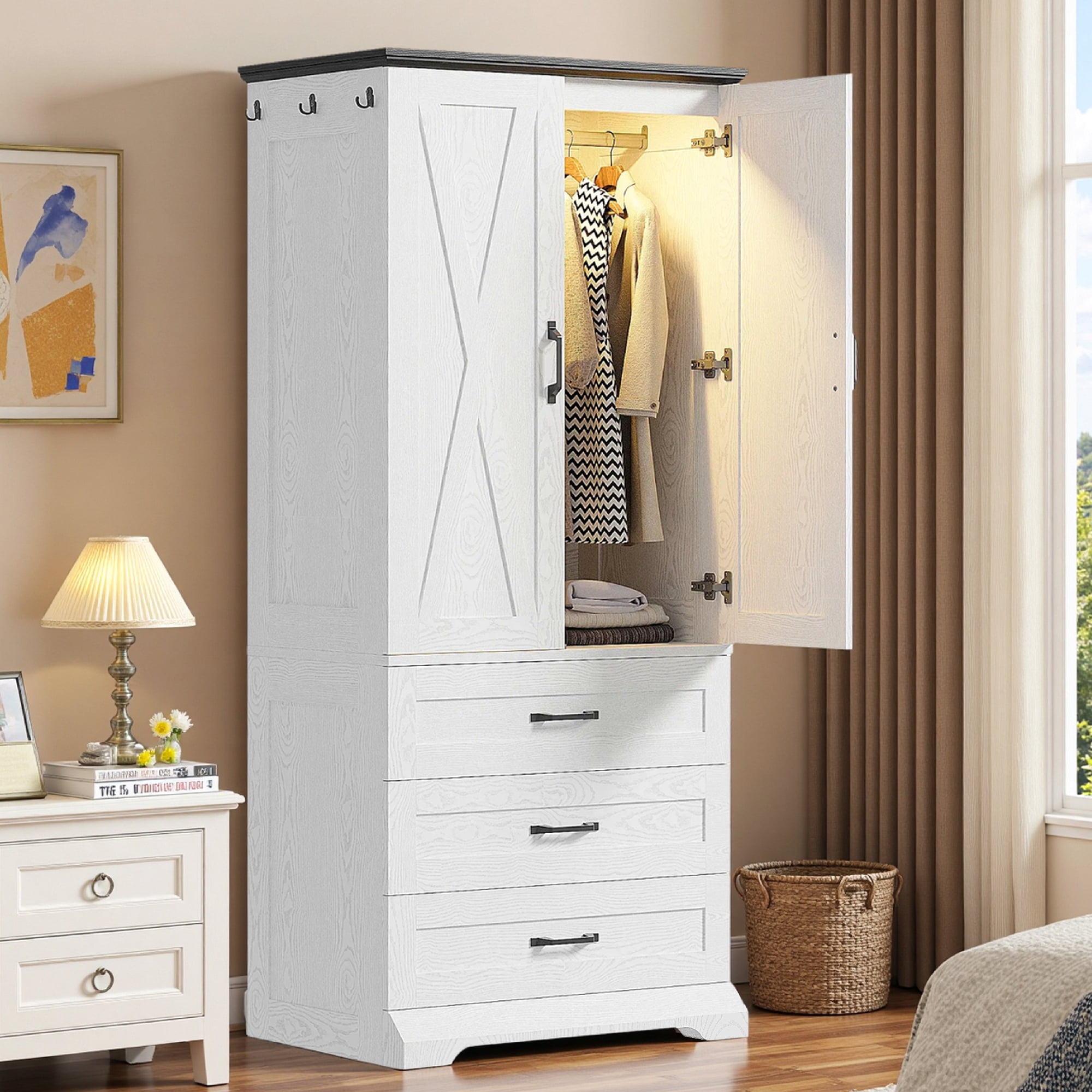 2枚扉ﾜ-ﾄﾞﾛ-ﾌﾞ　HG-586 Hodedah Two Door Wardrobe with Two Drawers and Hanging Rod plus