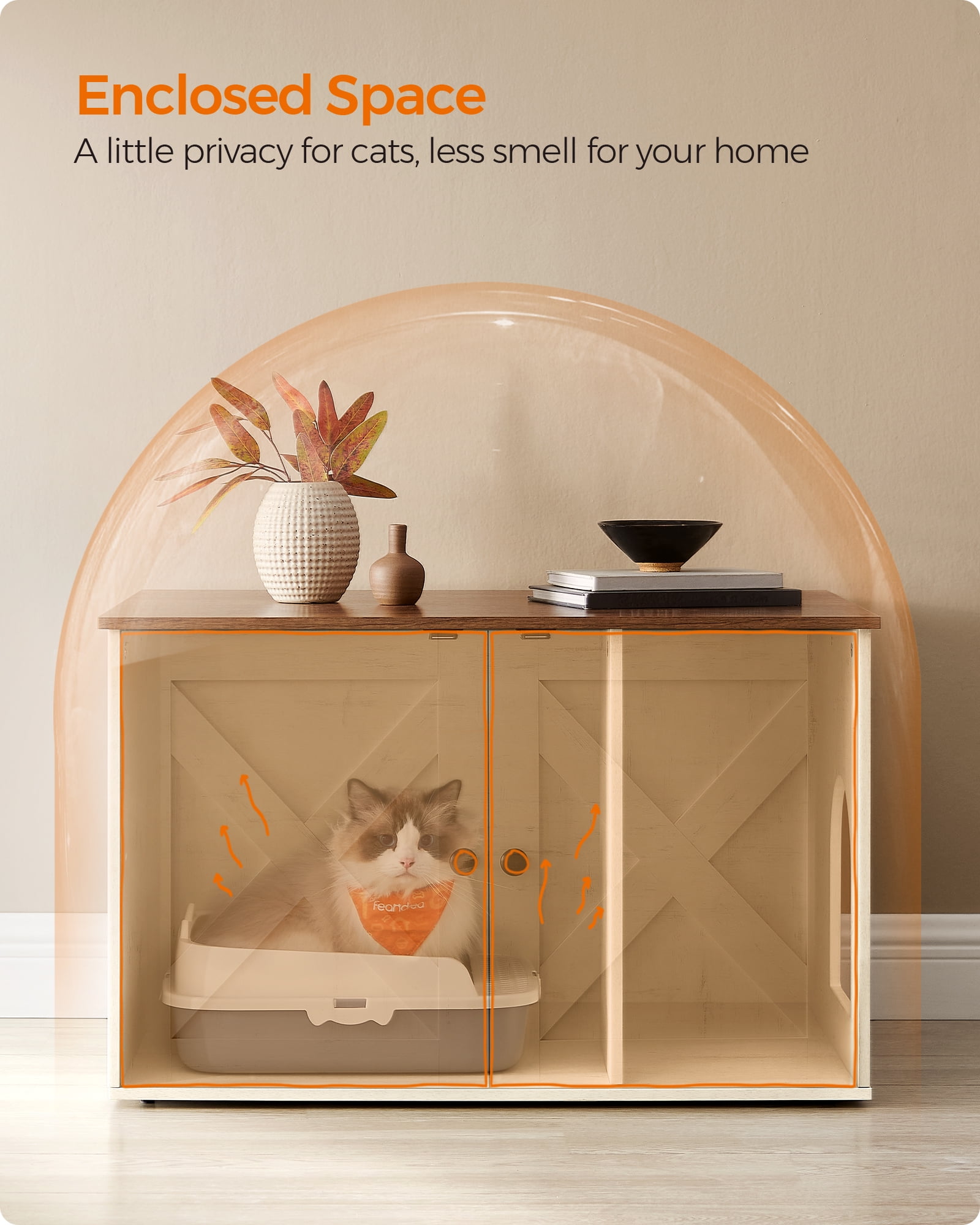 Hidden Cat Litter Box Enclosure Furniture Large Multi-Functional Cat Litter Box Washroom with Removable Divider Rustic White