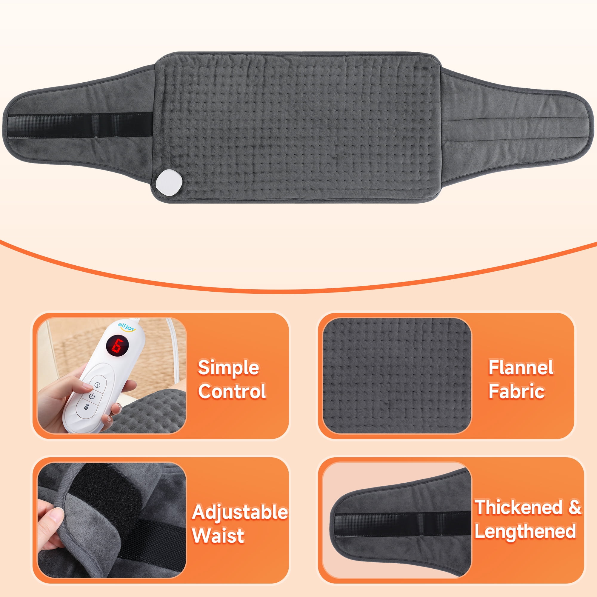 ALLJOY 12"x24"+20" Large Heating Pad for Back Pain Relief, Waist Belt with Heat for Lumbar Pain/Period Cramps/Sore Muscles, Best Gift for Birthdays/Holidays/Daily Self-Care