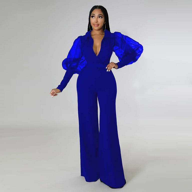 JDEFEG Eyelet Jumpsuit for Women Womens Jumpsuits Long Sleeve Mesh V Neck  Casual Style Long Sleeve Rompers Wide Jumpsuits Night Cap Polyester Blue M  - Walmart.com