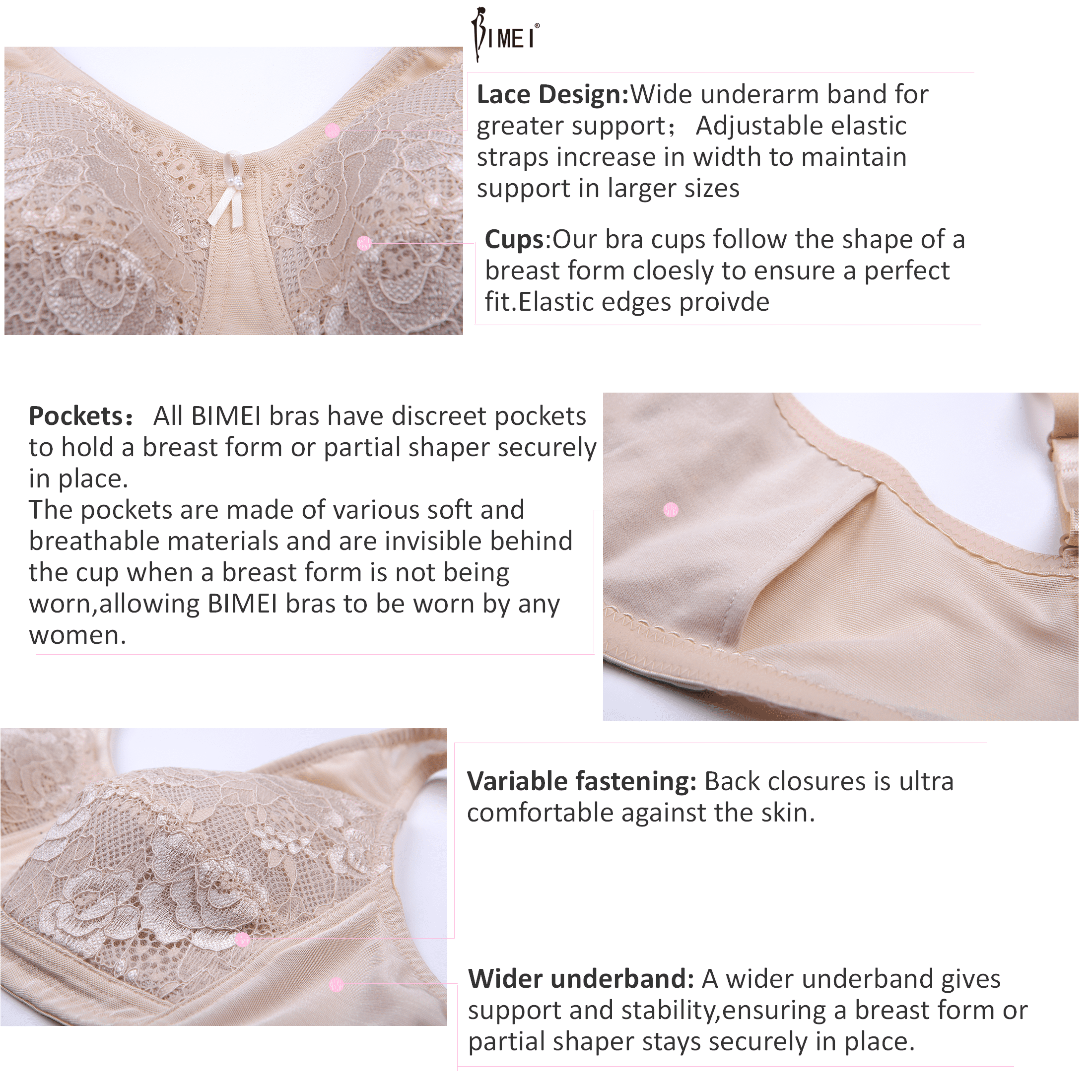 Details of Bimei Front-Closure Bra Mastectomy Bra Pocket Bra Women's Cotton  Front-Closure Leisure Bra8405