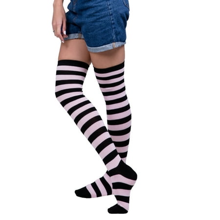 

Jygee Pack of 2 Striped Plus Size Thigh High Socks Breathability Unique Flexible Fad Appearance Non Slip Hose Sock Boots Stockings pink balck striped