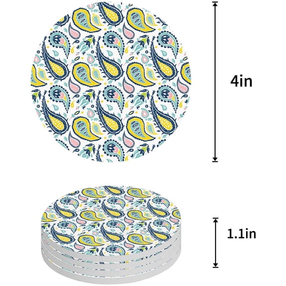FMSHPON Hand Drawn Vintage Paisley Pattern White Set of 8 Round Coaster for Drinks, Absorbent Ceramic Stone Coasters Cup Mat with Cork Base for Home Kitchen Room Coffee Table Bar Decor