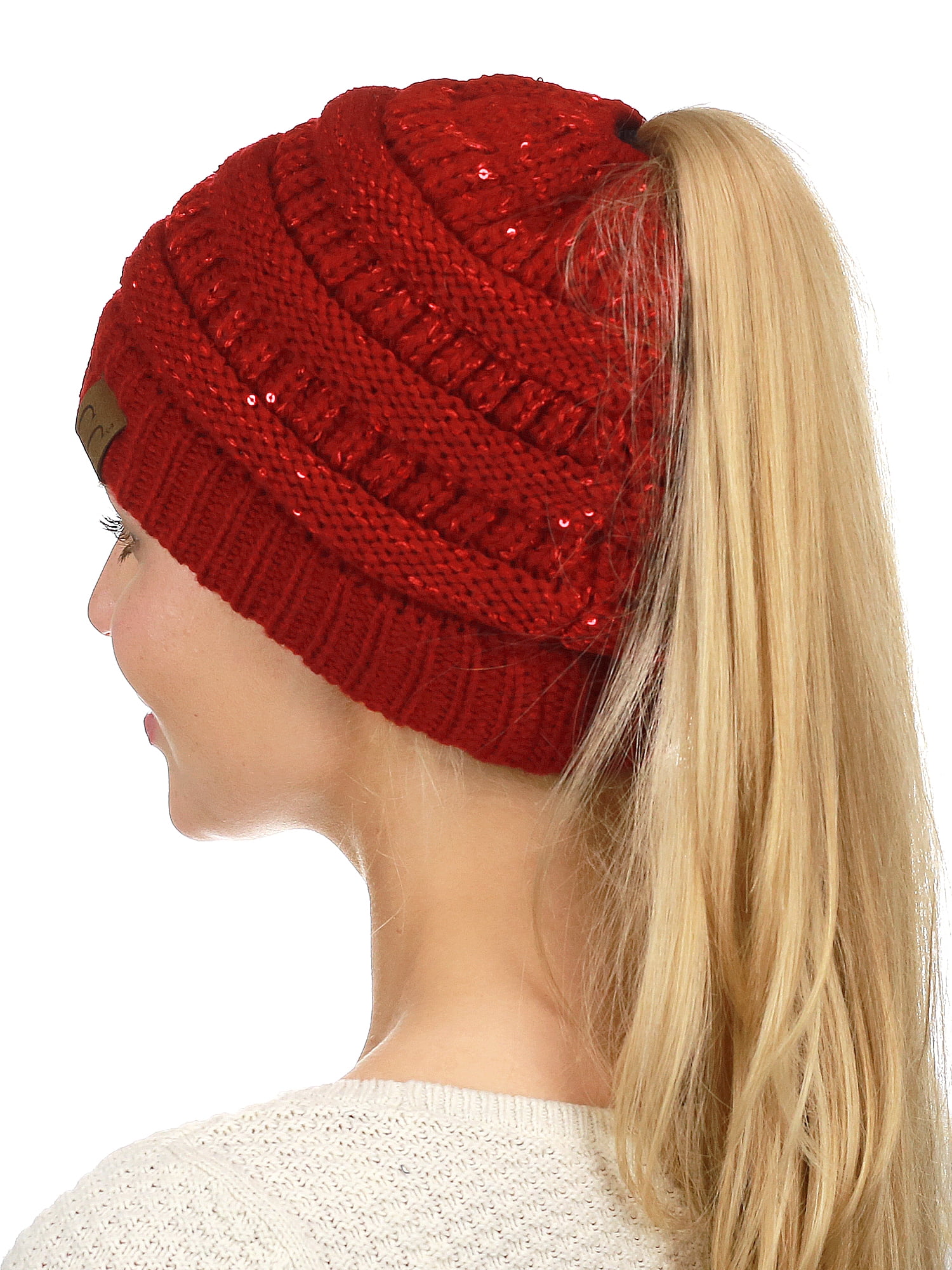 High Bun Ponytail Beanie Hat, Red 