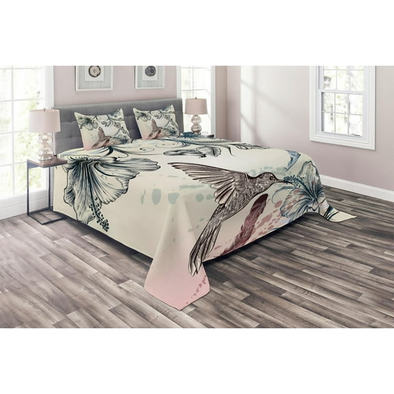 Ambesonne Nature Quilted Coverlet 2 Pcs, Vintage Birds Flowers, Twin Size, Teal Brown