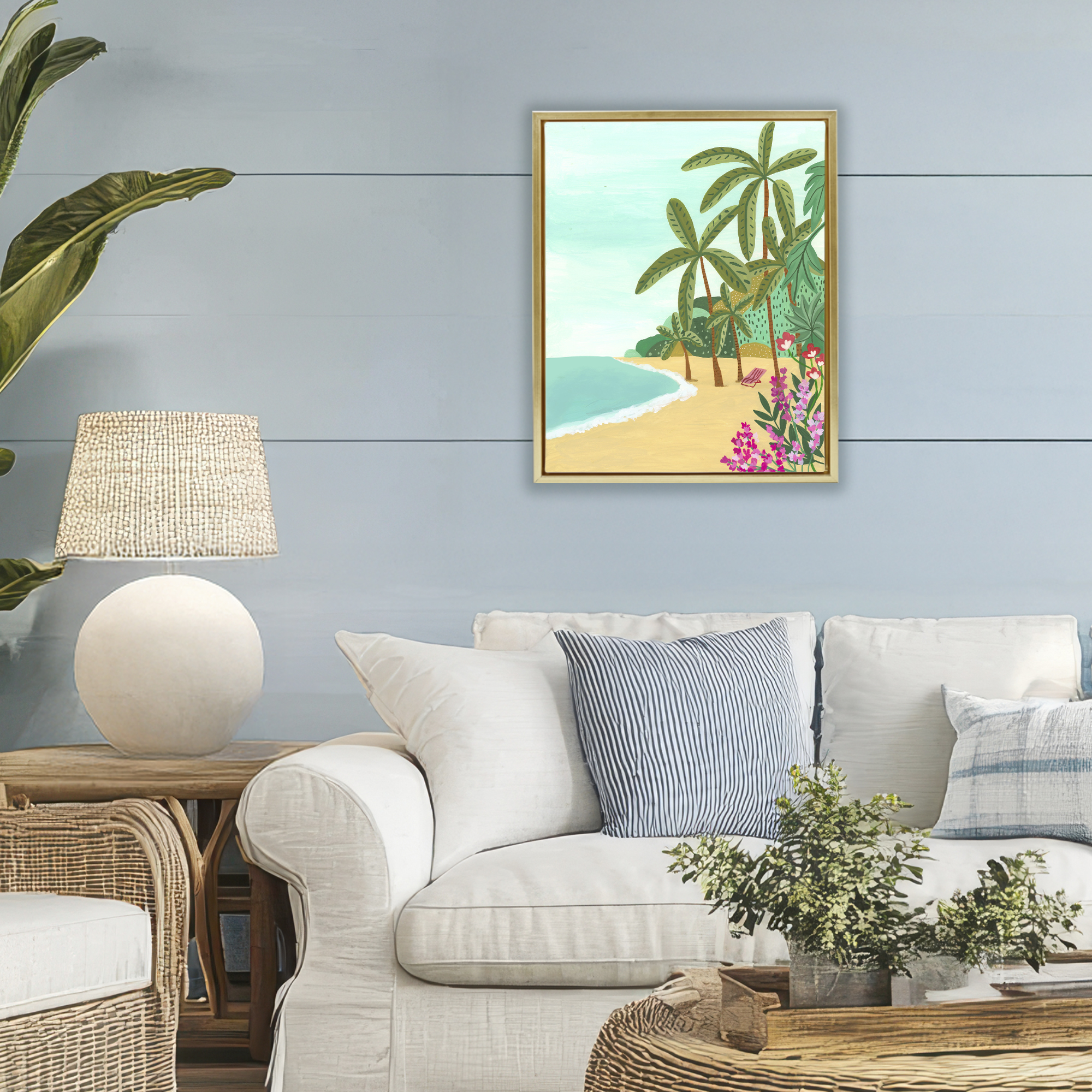 Palm Filled Shoreline Gold Framed Floater Canvas Wall Art, design by Nabeela Rumi