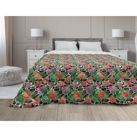 Botanical Down Alternative Comforter, Tropical and Colorful Palm Leaves Monstera Banana Leaf Exotic Green Flora, Microfiber Quilt for All Season, 5 Sizes, Multicolor, by Ambesonne