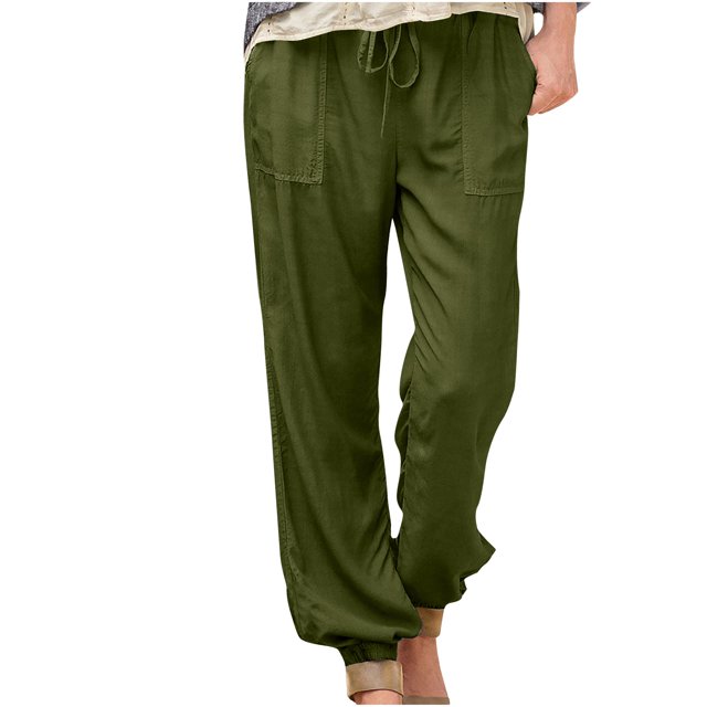 VEKDONE Pantalon Long en Coton et Lin pour Femmes Vert Armée TG