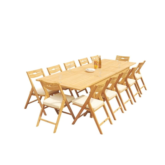 Grade-A Teak Dining Set: 12 Seater 13 Pc: 122" Atnas Rectangle Table And 12 Surfliner Folding Reclining Arm Chairs Outdoor WholesaleTeak #51SL2813
