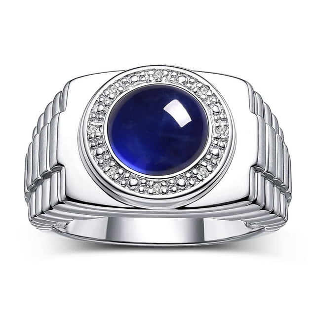 RYLOS Men's Rings Sterling Silver Ring Cabochon Gemstone & Diamonds Designer Style Sapphire Rings For Men Size 9