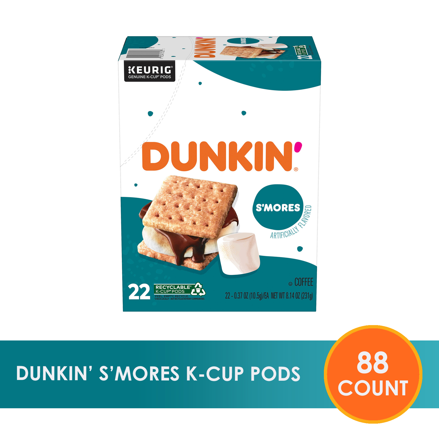 (4 Pack) Dunkin’ S’mores Artificially Flavored Coffee, Medium Roast, Keurig K-Cup Pods, 22 Count Box