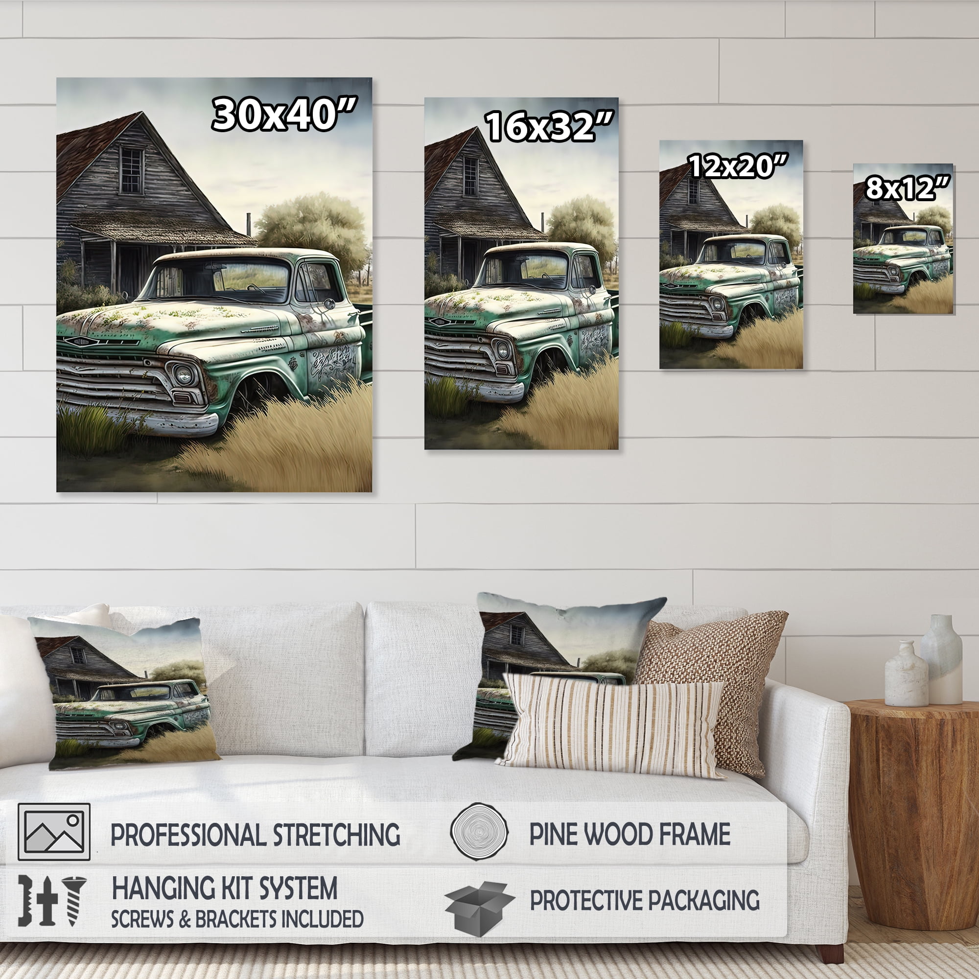 Designart Old American Truck In Barn III Canvas Wall Art