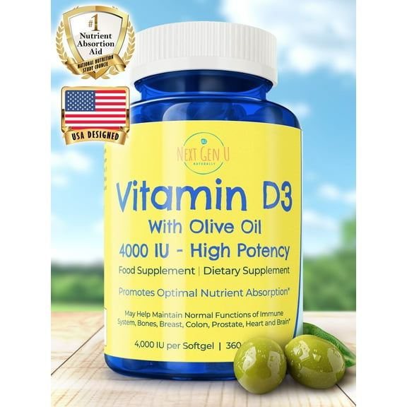 Vitamin D3 4000 IU Dietary Supplement W/ Extra Virgin Olive Oil, 360 Softgels by NextGenU