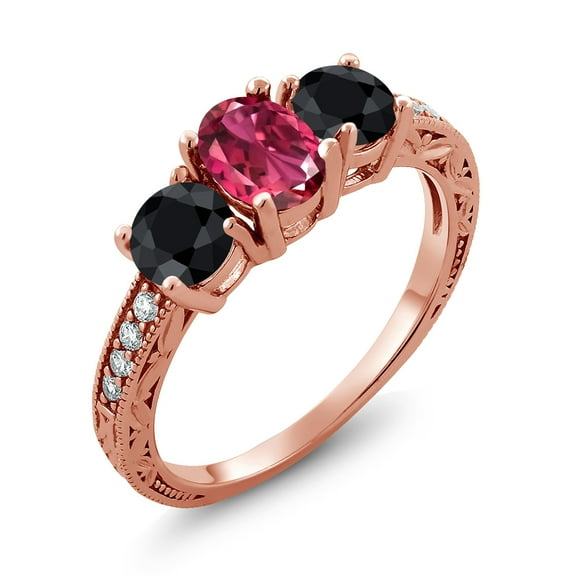Gem Stone King 2.35 Ct Oval Pink Tourmaline Black Sapphire 18K Rose Gold Plated Silver Moissanite Ring (Size 6)