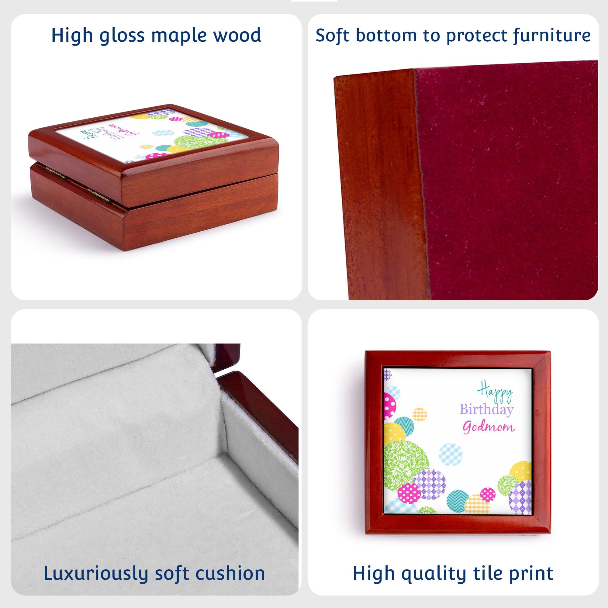 3dRose, Happy Birthday Godmom - modern bright colorful dots pattern on white, Jewelry Box 5.5x5.5 inch with 4 inch tile