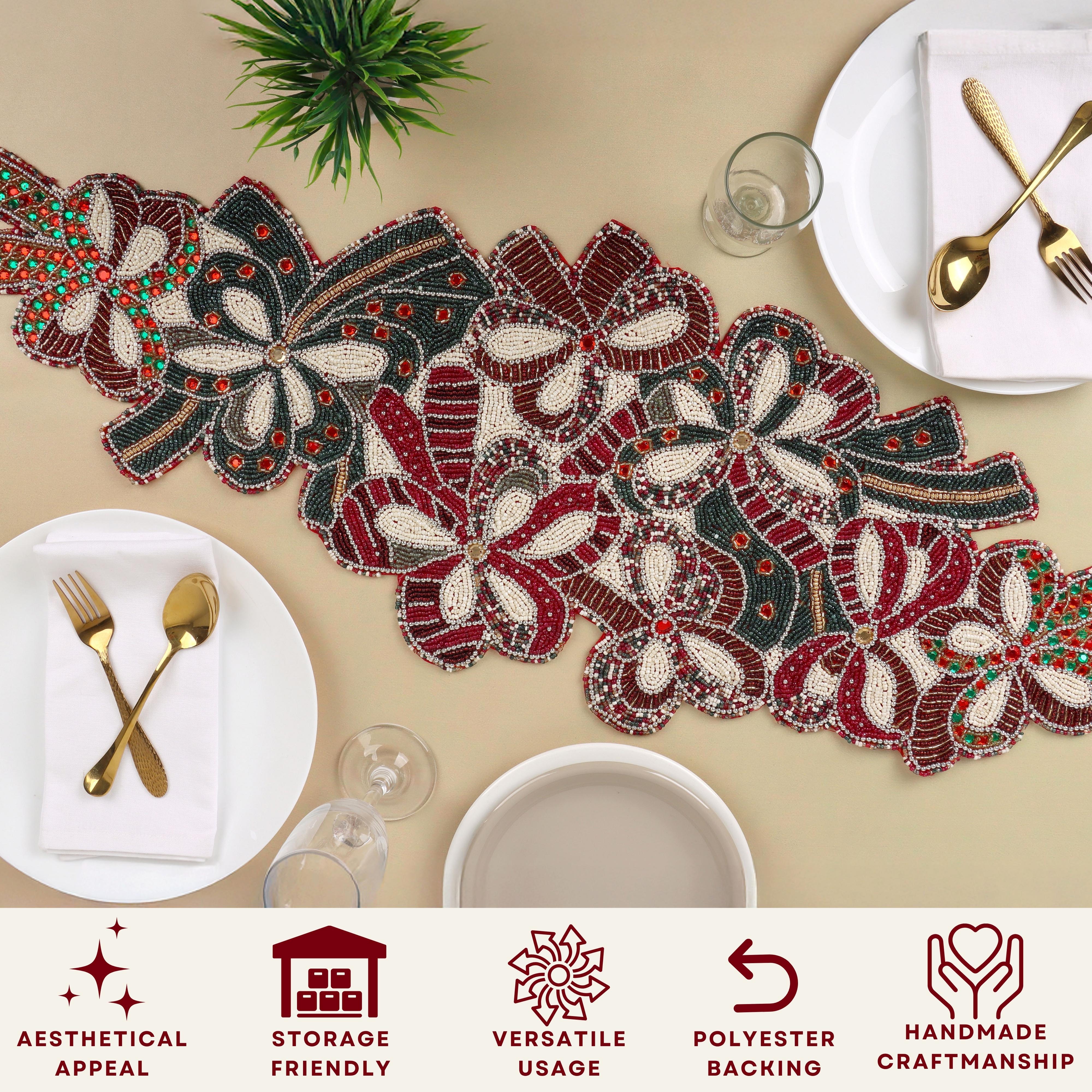 Handmade Glass Beaded Table Runner - Classic Decorative Accent for Everyday Dining (Maroon Green)