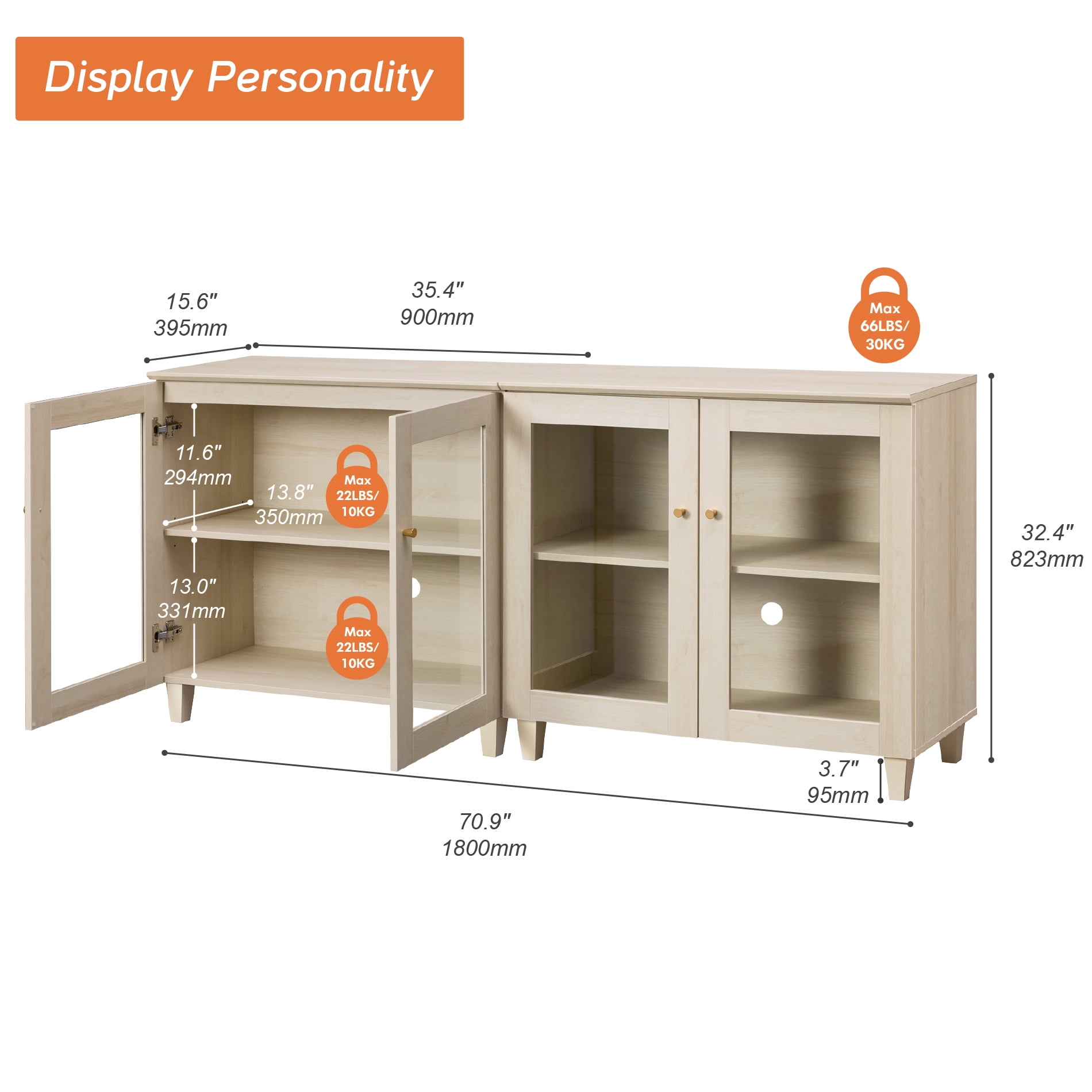 Set of 2 Buffet Cabinet Sideboard With Glass Doors, Adjustable Shelves and Cable Management For Kitchen Dining Room, 71" W, White Oak Wood